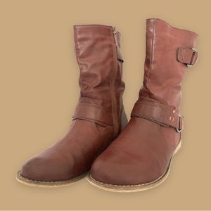 Leather Strapped Wide-leg Heel Moto Boots Casual Shoes in Mahogany Brown (EU 38)
